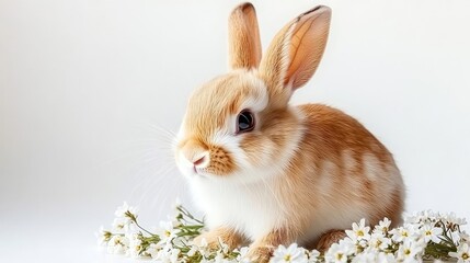 Obraz premium A cute rabbit sitting among white flowers, showcasing a serene and playful atmosphere.