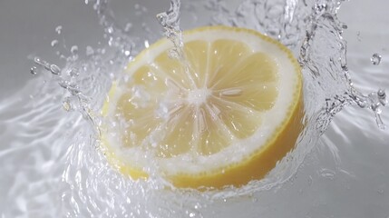 A lemon slice plopping into water, with a burst of water droplets, centered on a pristine white backdrop.