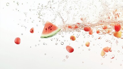 A slice of watermelon falling into water with a splash, pieces of fruit floating around, displayed on a pure white background.
