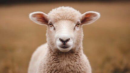 Close-up portrait of a fluffy sheep looking directly at the camera in a field.