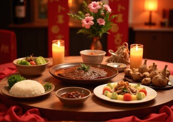 festive Lunar New Year meal setup with Rendang and rice, surrounded by symbolic decorations like Chinese knots and calligraphy scrolls