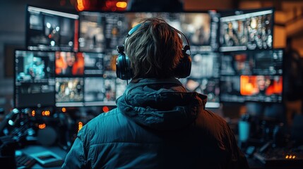 Fototapeta premium Engaging in Digital Monitoring at a High-Tech Workstation in a Dimly Lit Environment. Generative AI