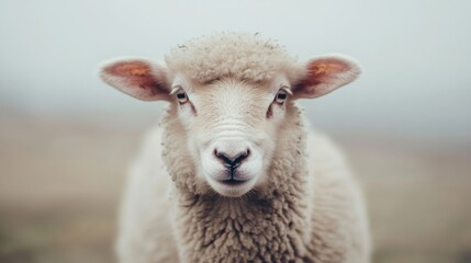 Close-up portrait of a fluffy white sheep staring directly at the camera.