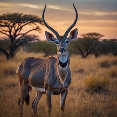 Obraz premium A kudu antelope standing in a surreal multicolored savanna at dusk.