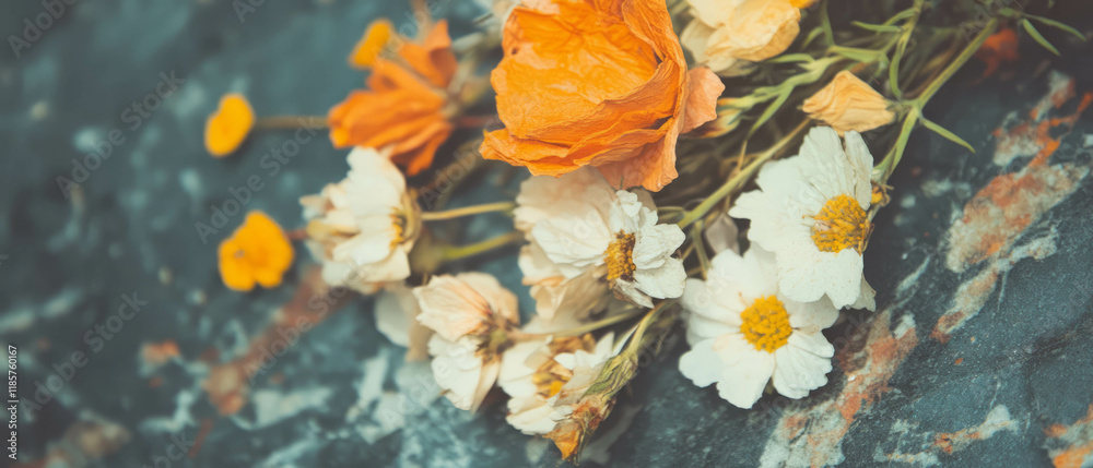 Poster handmade paper adorned with delicate floral inclusions and a textured natural backdrop