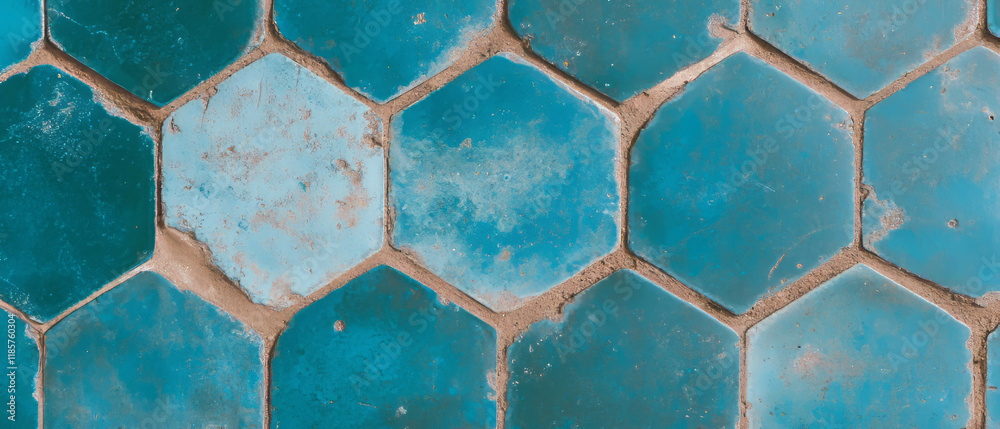 Poster hexagonal tile honeycomb pattern with geometric and natural elements in rich blue tones
