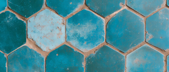Fototapeta premium Hexagonal tile honeycomb pattern with geometric and natural elements in rich blue tones
