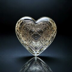 3D transparent clear glass material vintage heart with a pattern on surface on black background, isolated  