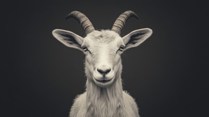 Fototapeta premium Close-up portrait of a white goat with horns against a dark background.