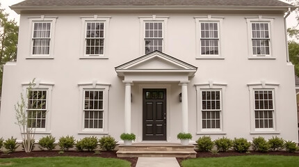 Fototapeta premium A two-story, white stucco house with a portico featuring four white columns and a dark brown door. The house has multiple multi-paned windows and landscaping along the front.