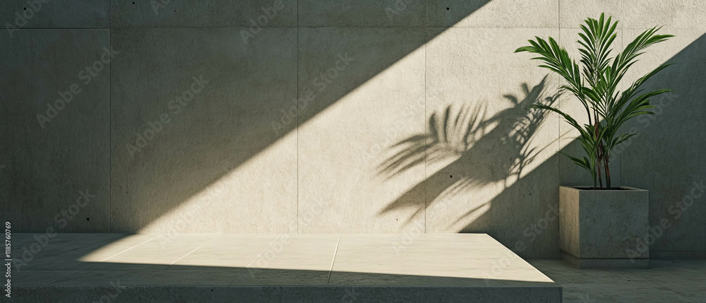 Poster Light grey rectangular tiles create a subtle and modern background with plant shadows