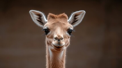 Obraz premium Close-up portrait of a young, light brown llama with dark eyes, looking directly at the camera against a blurred brown background.