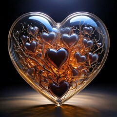 a lot of metallic hearts with roots in a big glass transparent clear heart isolated with golden light from the middle