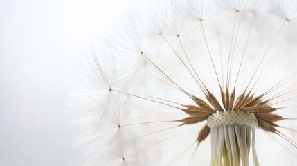 A close-up of a dandelion in full bloom, its seeds being carried away by a soft breeze, isolated on a bright white background