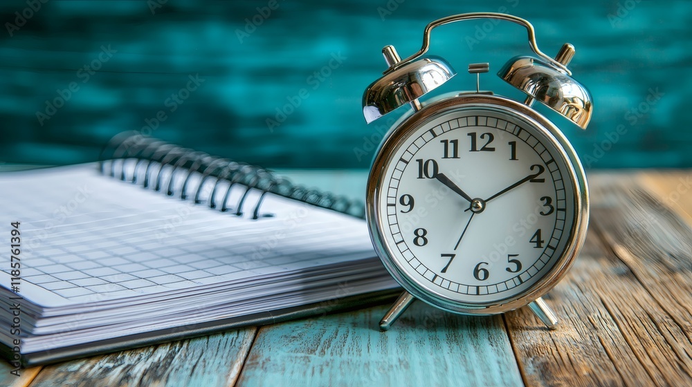 Poster Time management practices illustrated through a neatly organized planner and clock Stock Photo with side copy space.
