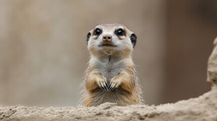 Fototapeta premium Curious meerkat standing upright, paws together, looking directly at the camera.