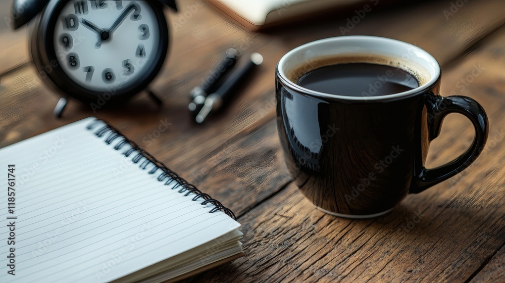 Aufkleber a productive morning routine setup with a cup of coffee, notebook, and alarm clock stock photo with 
