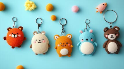 Cute animal-themed keychains with colorful pom-poms, five keychains featuring cartoonish animal faces arranged on light blue background with small colorful pom-poms, concept for cute accessories, DIY