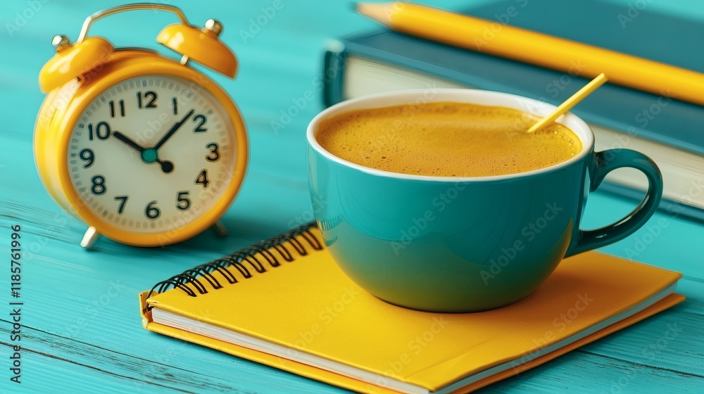 Aufkleber a productive morning routine setup with a cup of coffee, notebook, and alarm clock stock photo with 