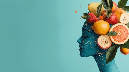 A vibrant profile of a woman with a blue face adorned with fresh fruits, symbolizing health, vitality, and the fusion of nature and beauty.