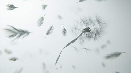 Obraz premium A single dandelion seed caught in mid-air, swirling in the wind with more seeds floating in the background, set on a clean white background.