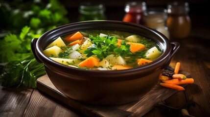 Steaming hot bowl of homemade vegetable soup with fresh carrots celery and potatoes on a rustic wooden table  Savory nourishing comfort food perfect for a cold day