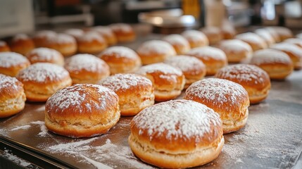Many powdered sugar donuts on a tray. Perfect for bakery, food, and dessert themes.