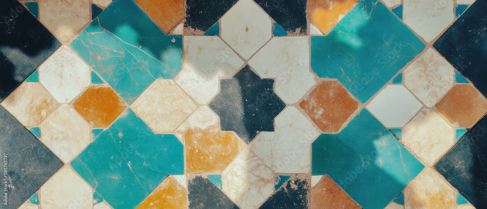 Poster intricate geometric mosaic tile pattern showcasing vibrant colors and detailed design
