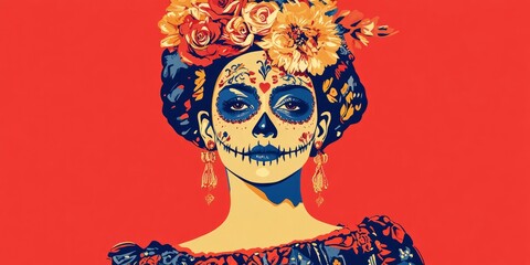 A woman with skull face paint and wearing flower crown with mexican cultural dress on red background
