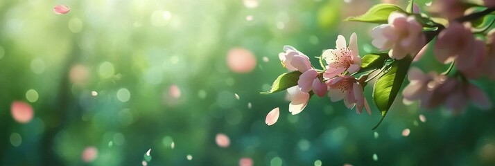 Beautiful spring background with blooming cherry blossoms and falling petals on a green bokeh background.