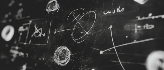 Chalkboard surface displaying various mathematical symbols and sketches for educational purposes