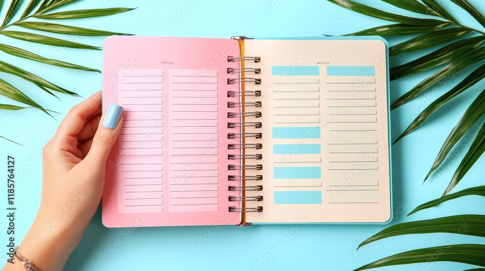Poster Hands organizing daily tasks with colorful tabs in a physical planner Stock Photo with side copy space.