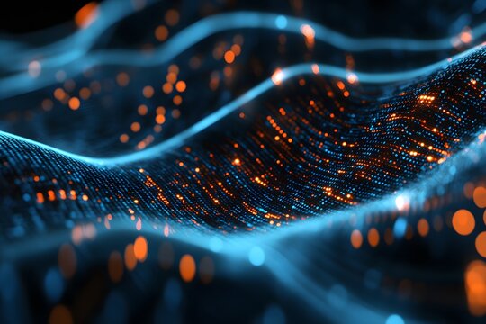 Abstract glowing data waves, digital landscape, technology background, futuristic design