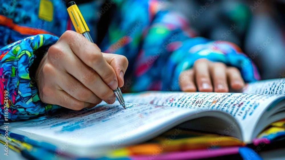 Poster a person writing smart goals in a journal with a focused expression stock photo with side copy space