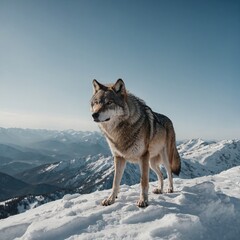 Naklejka premium A wolf standing on a snowy mountaintop with a clear white sky.