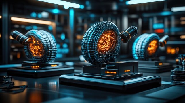 Futuristic devices with glowing cores in a tech-inspired environment.