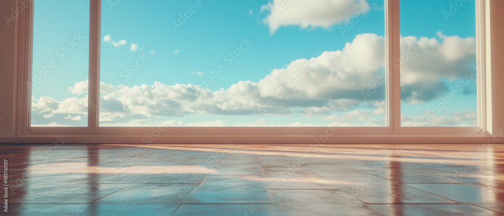 Poster ethereal cloud pattern seen through large windows under serene blue sky