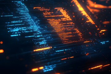 Digital code streams flowing on a dark server background, glowing, futuristic