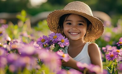 A cute little girl wearing white tank top and straw hat is holding purple flowers in the garden of violet flower field, smiling at camera