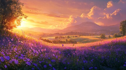 Beautiful panorama rural landscape with sunrise and blossoming meadow. purple flowers flowering on spring field, Phacelia