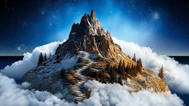 A stunning mountain peak surrounded by clouds under a starry night sky.