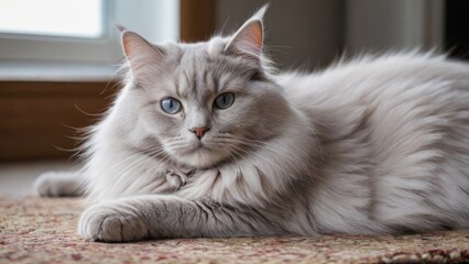 Lilac british longhair cat laying on the floor indoor