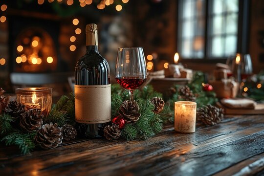 Red wine bottle and glass on table; holiday decor and fireplace