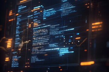 Futuristic digital data streams flow on screen, background blurred