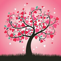 Fototapeta premium Whimsical Heart Tree Illustration Pink Background Valentine's Day