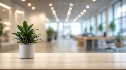 Modern office interior with potted plant on wooden table.