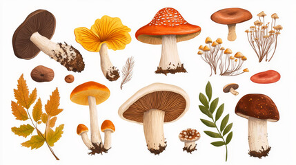 Autumnal forest edible orange chanterelle, champignon, brown cap, birch, pine and king boletus, honey agaric, black morel and porcini cartoon mushrooms. Vegetarian menu or cooking recipe usage