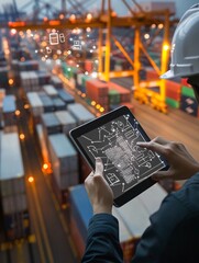A cargo shipment being documented by a logistics clerk using a digital device
