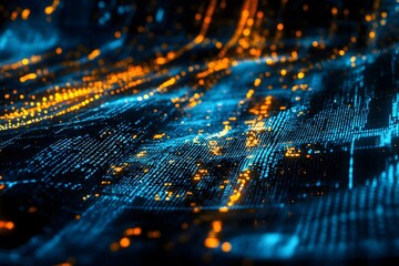 Digital data flow, abstract network, glowing particles, dark background, tech backdrop