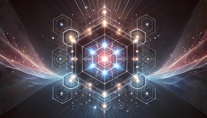 Obraz premium Large, glowing, symmetrical geometric shapes in the form of hexagons and triangles, floating in a dark void
